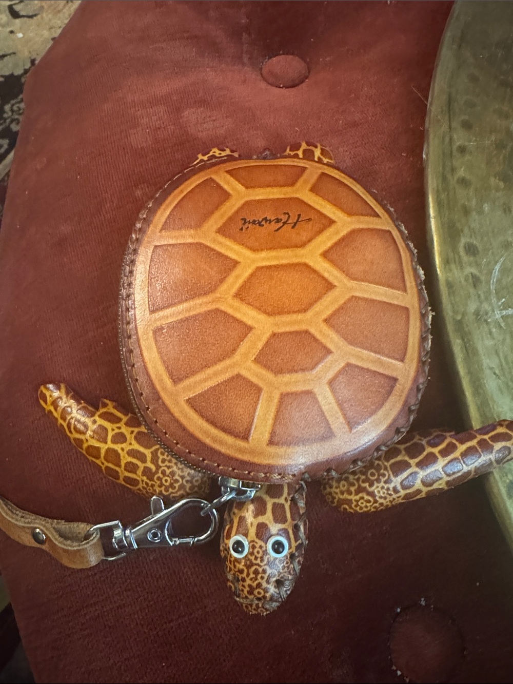 Turtle Coin Purse Keychain - Brown Leather